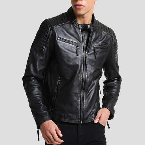 men's black quilted lambskin leather racer jacket garrick front view