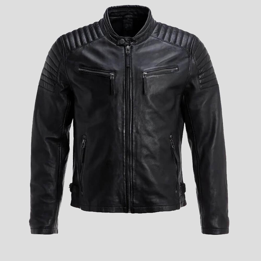 men's black quilted lambskin leather racer jacket garrick texture detail