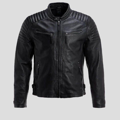 men's black quilted lambskin leather racer jacket garrick texture detail