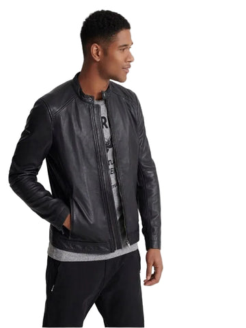 men's black leather biker jacket evren front view