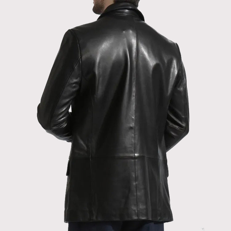 Elegant Long Black Leather Blazer Coat for Men - AMSEL LEATHERS