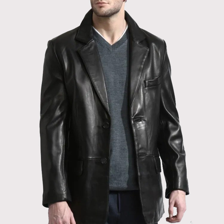 Elegant Long Black Leather Blazer Coat for Men - AMSEL LEATHERS