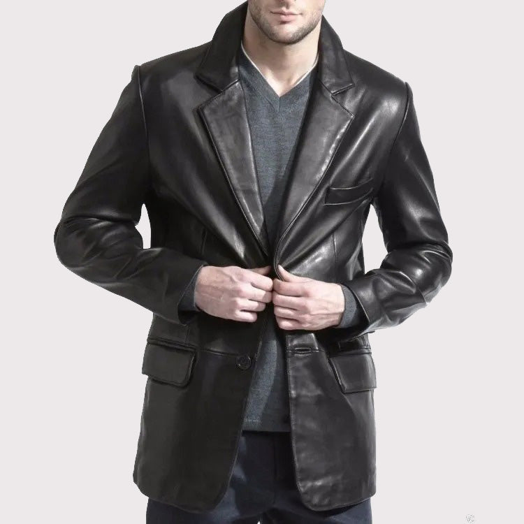 Elegant Long Black Leather Blazer Coat for Men - AMSEL LEATHERS