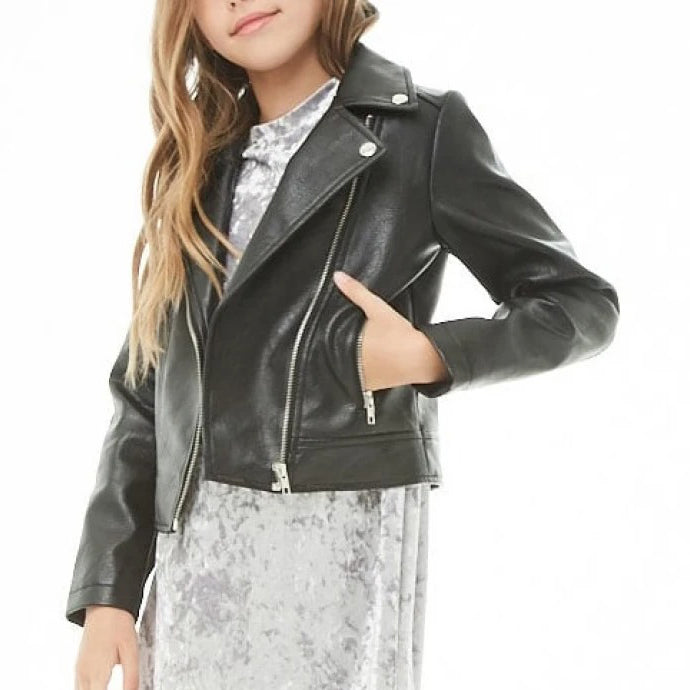 Girls Long Sleeves Black Leather Moto Kids Jacket - AMSEL LEATHERS