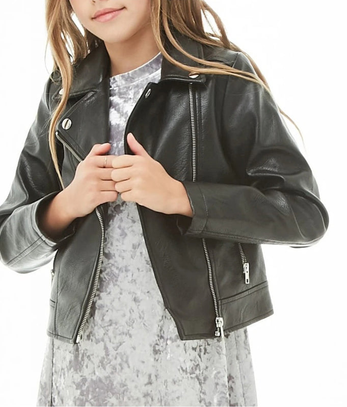 Girls Long Sleeves Black Leather Moto Kids Jacket - AMSEL LEATHERS