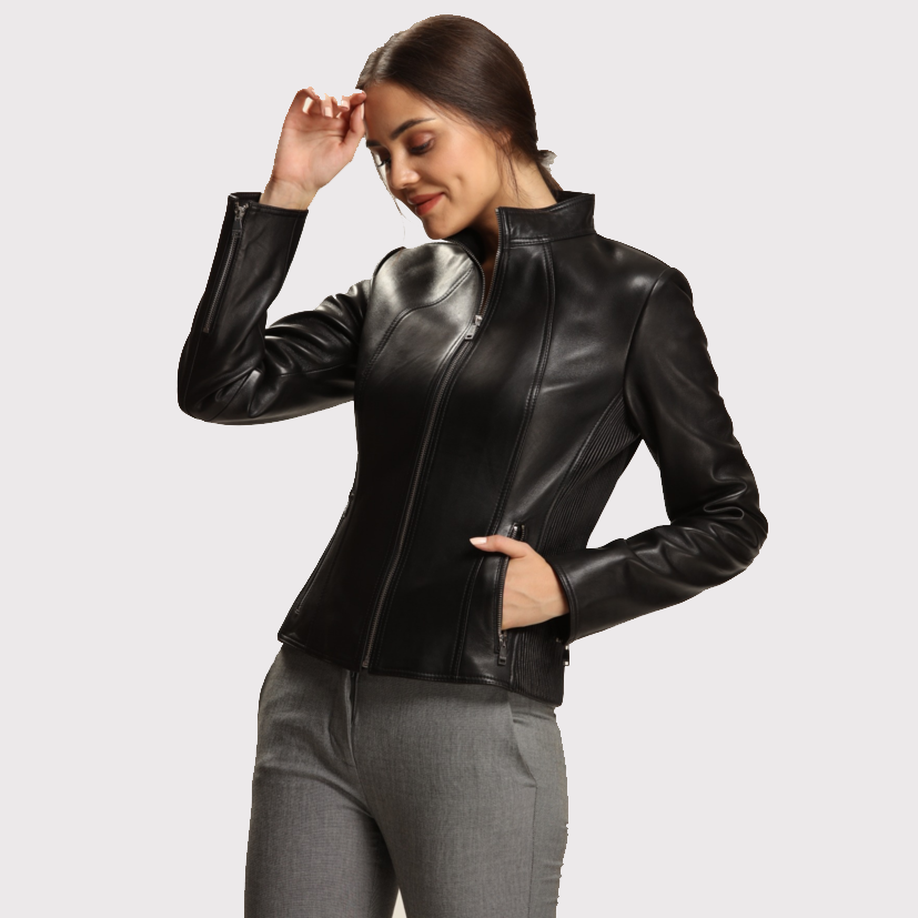 Luxurious Black Leather Jacket with Exquisite Design for Women - AMSEL LEATHERS