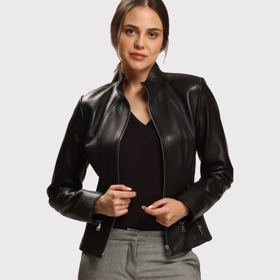 Luxurious Black Leather Jacket with Exquisite Design for Women - AMSEL LEATHERS