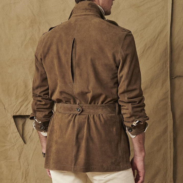 Luxury Safari Jacket with Belt - Suede & Multiple Pockets - AMSEL LEATHERS