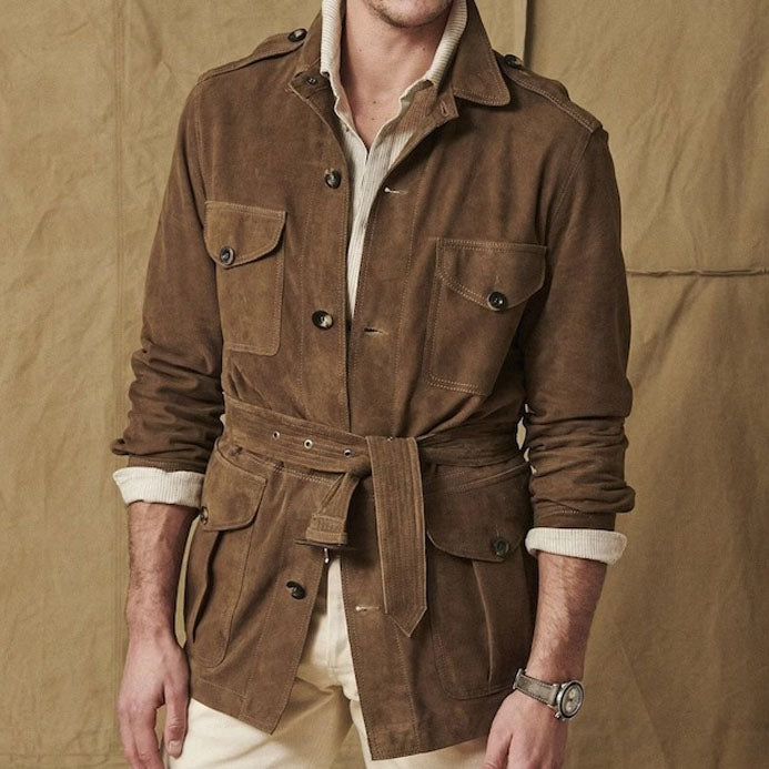 Luxury Safari Jacket with Belt - Suede & Multiple Pockets - AMSEL LEATHERS