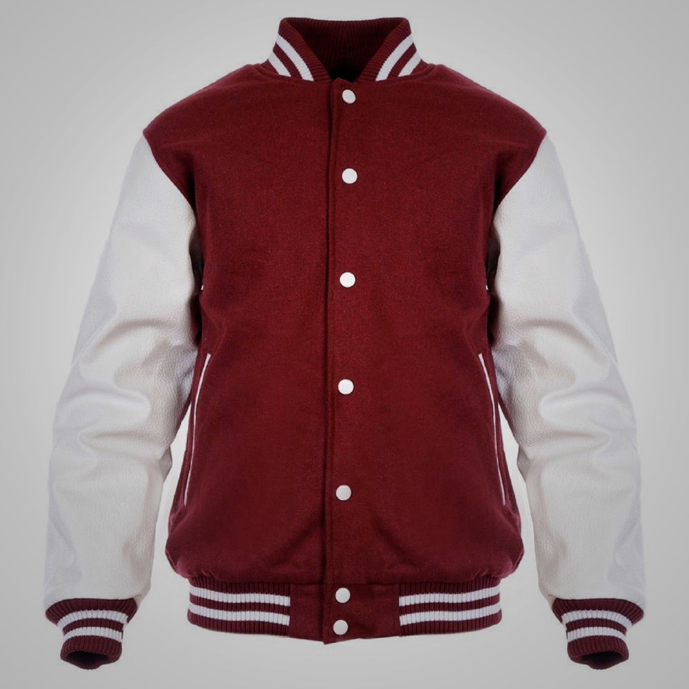 maroon white letterman jacket front view