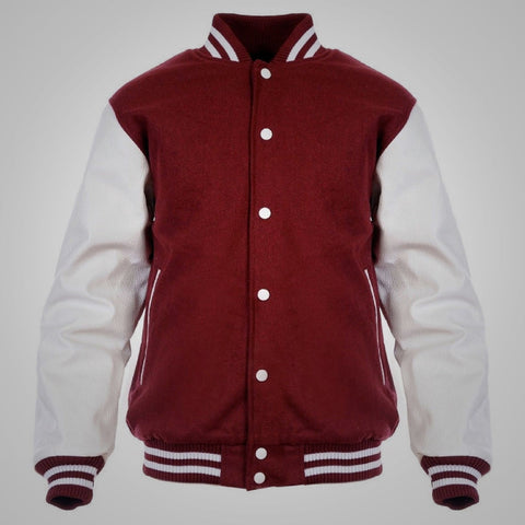 maroon white letterman jacket front view