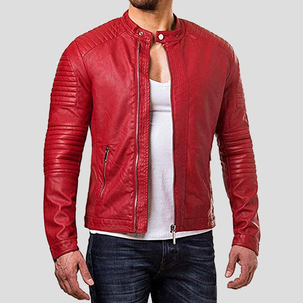 men’s black lambskin leather biker jacket front view