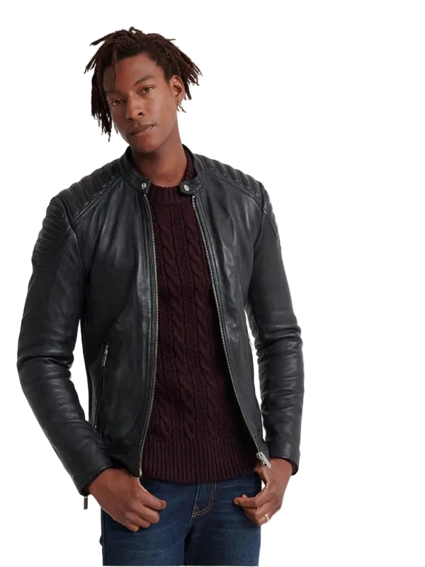 men's black leather biker jacket kael front view