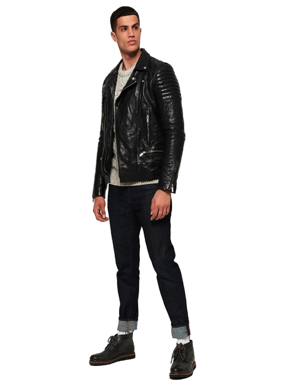 men’s black cowhide leather biker jacket front view