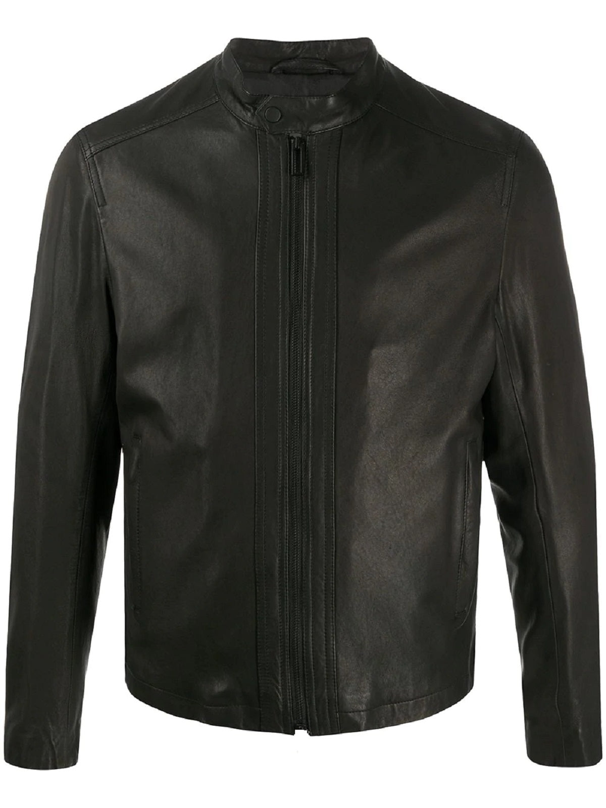 men’s black cowhide leather biker jacket front view