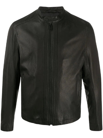 men’s black cowhide leather biker jacket front view