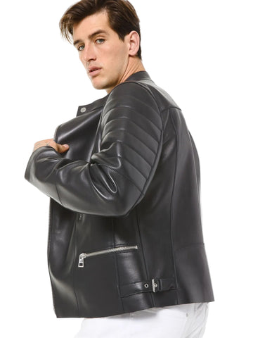 • mens black leather jacket open cuffs detail
