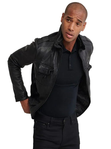 men's black leather racer jacket armand side angle