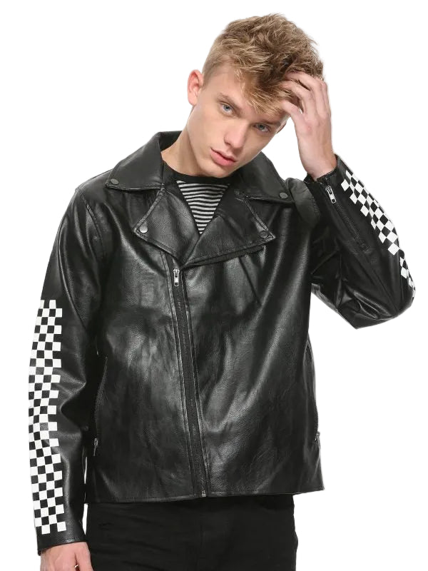 • black faux leather biker jacket mens lapel front view
