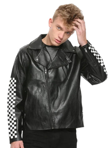 • black faux leather biker jacket mens lapel front view
