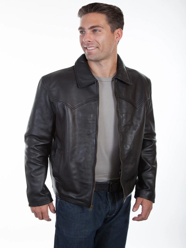 men’s black cowhide leather biker jacket front view