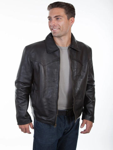 men’s black cowhide leather biker jacket front view