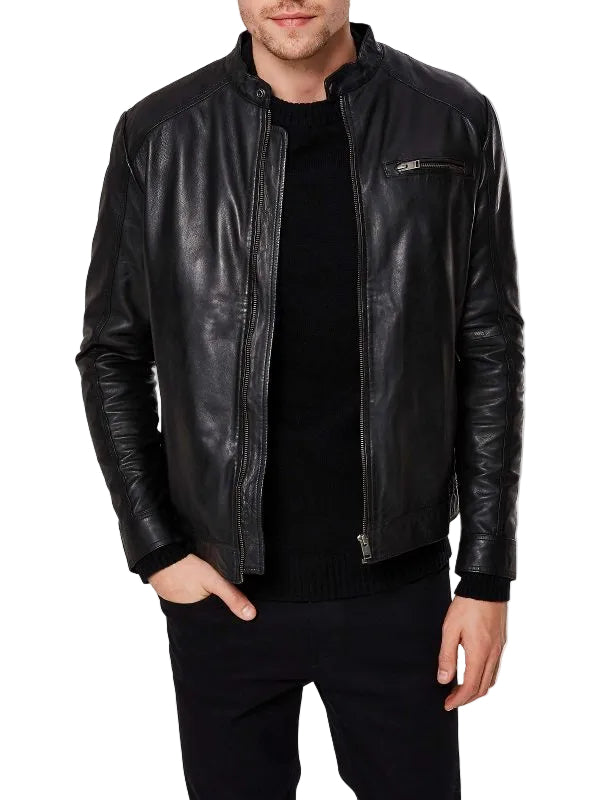 men's black leather biker jacket atlas back view