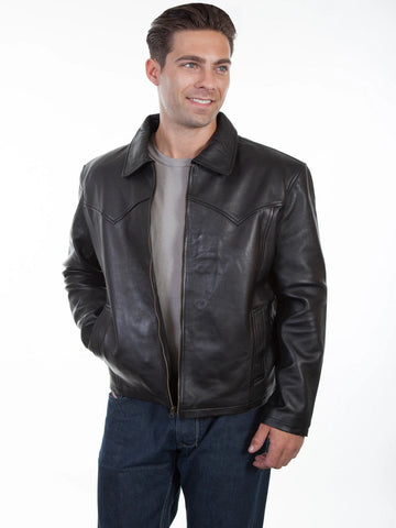 men’s black cowhide leather biker jacket side angle