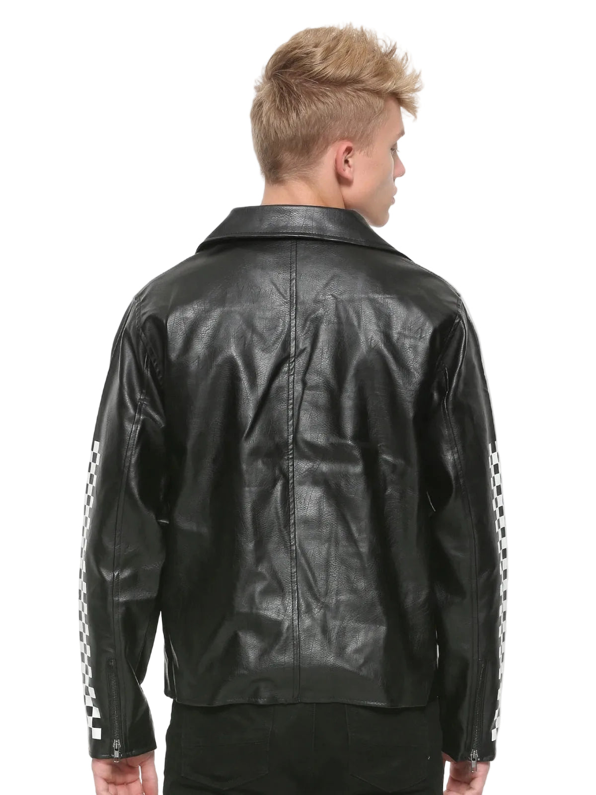 • mens black faux leather jacket zipper cuffs detail
