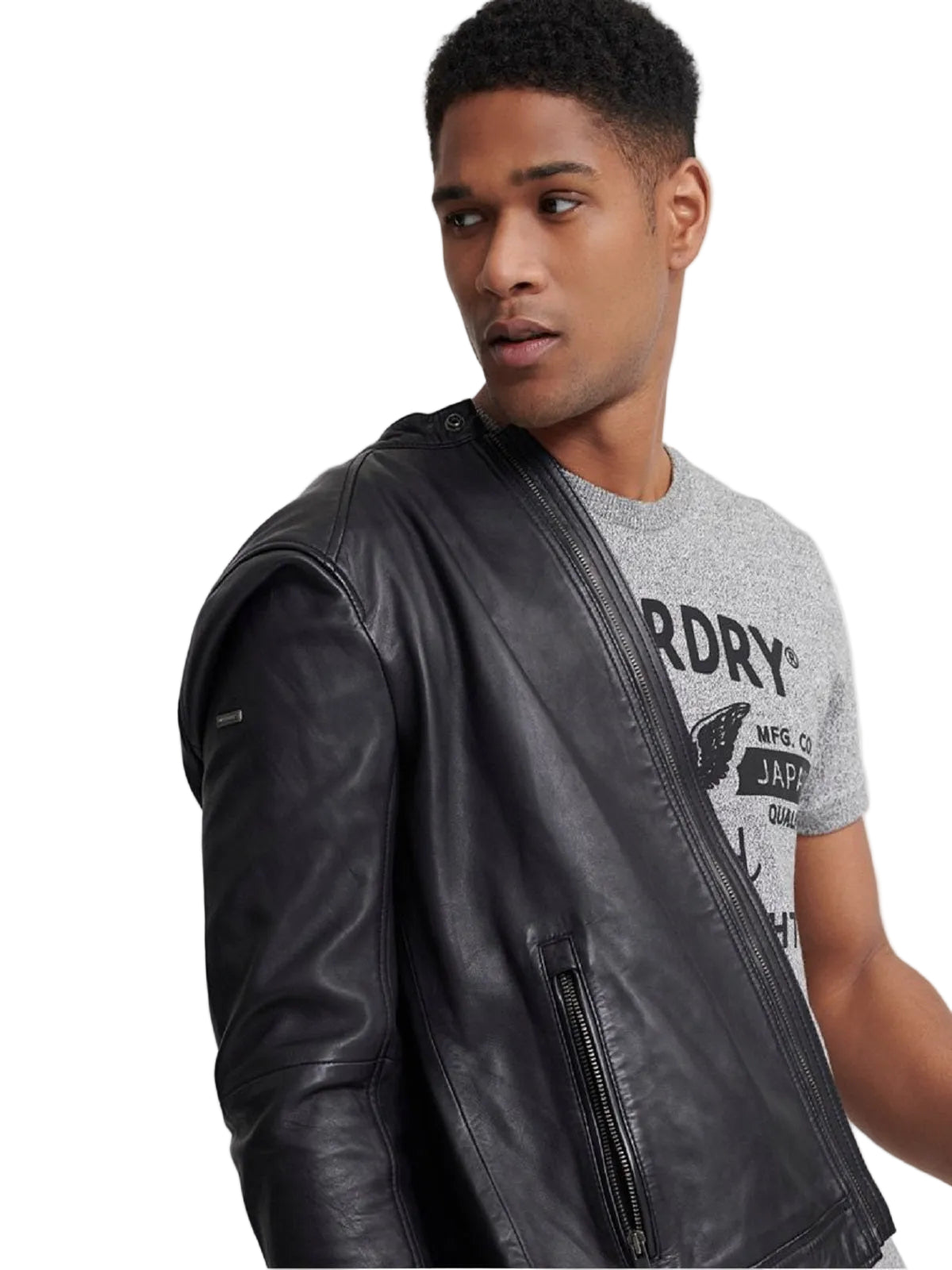 men's black leather biker jacket evren side angle