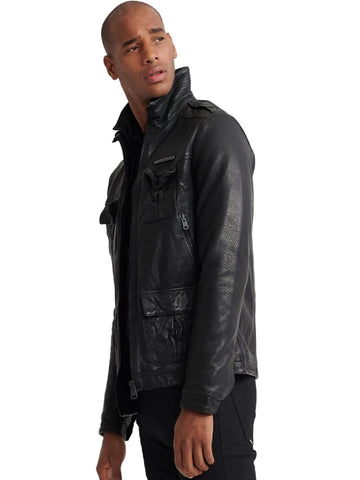 men's black leather racer jacket armand back view