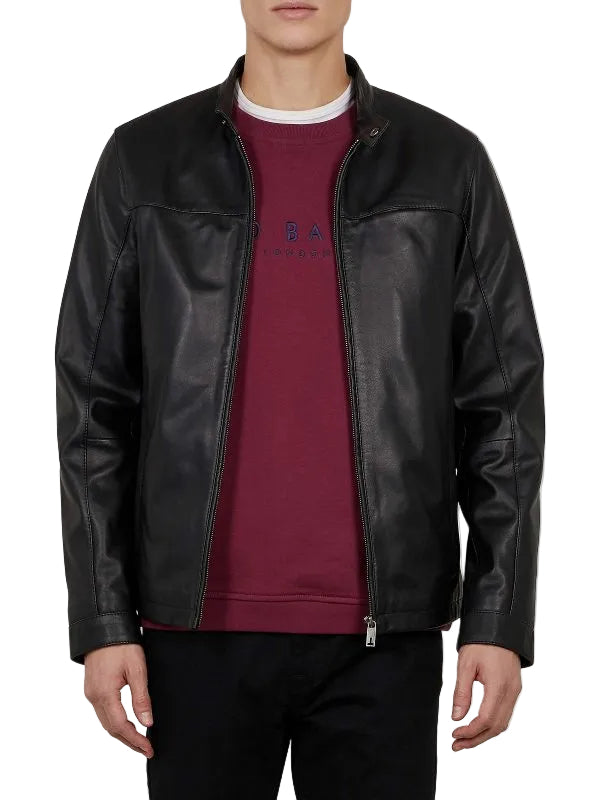 • black leather jacket snap tab collar mens front view
