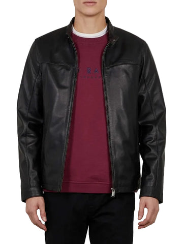• black leather jacket snap tab collar mens front view
