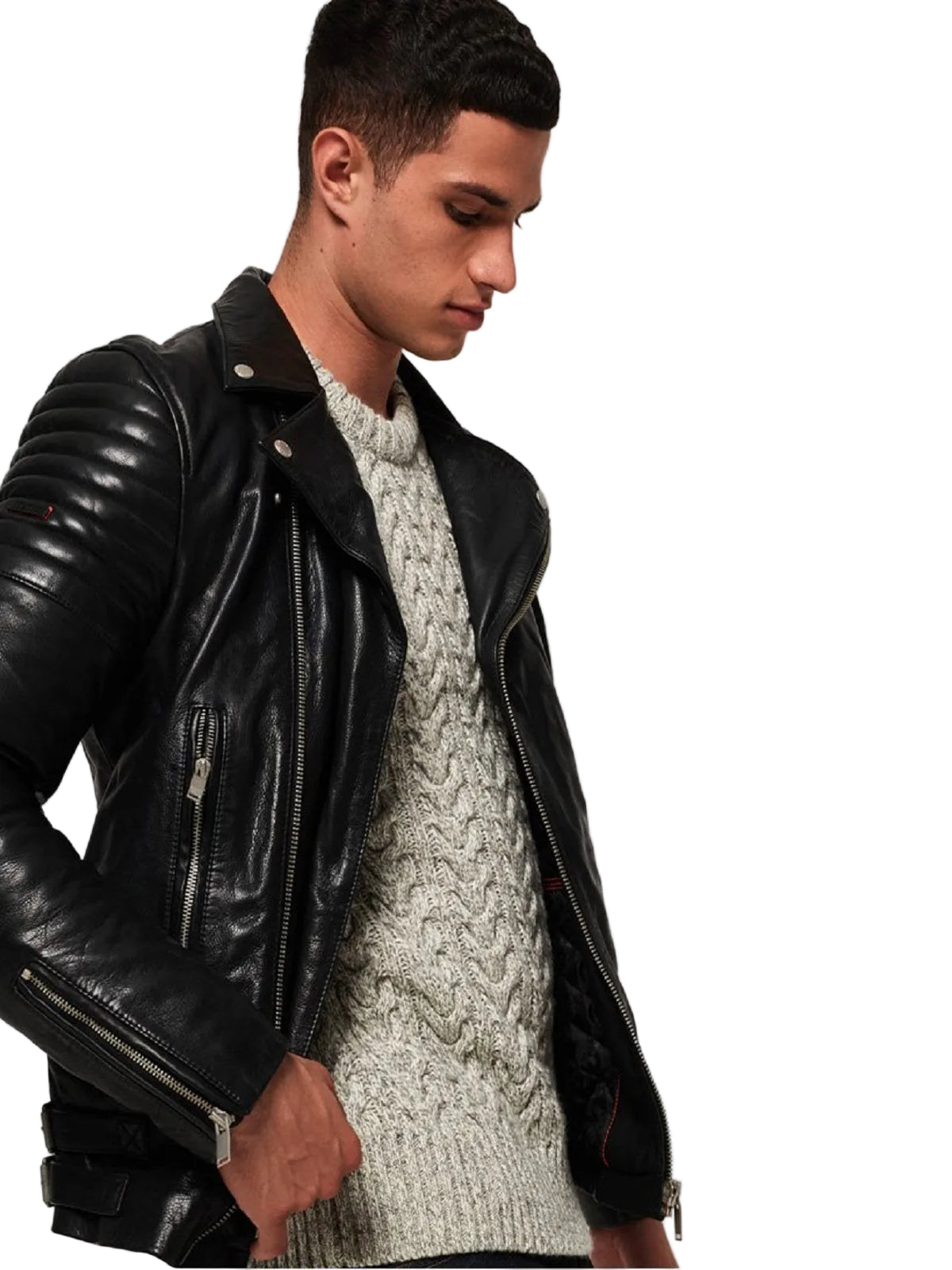 men’s black cowhide leather biker jacket side angle