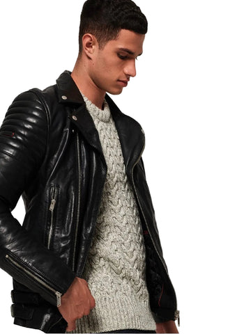 men’s black cowhide leather biker jacket side angle
