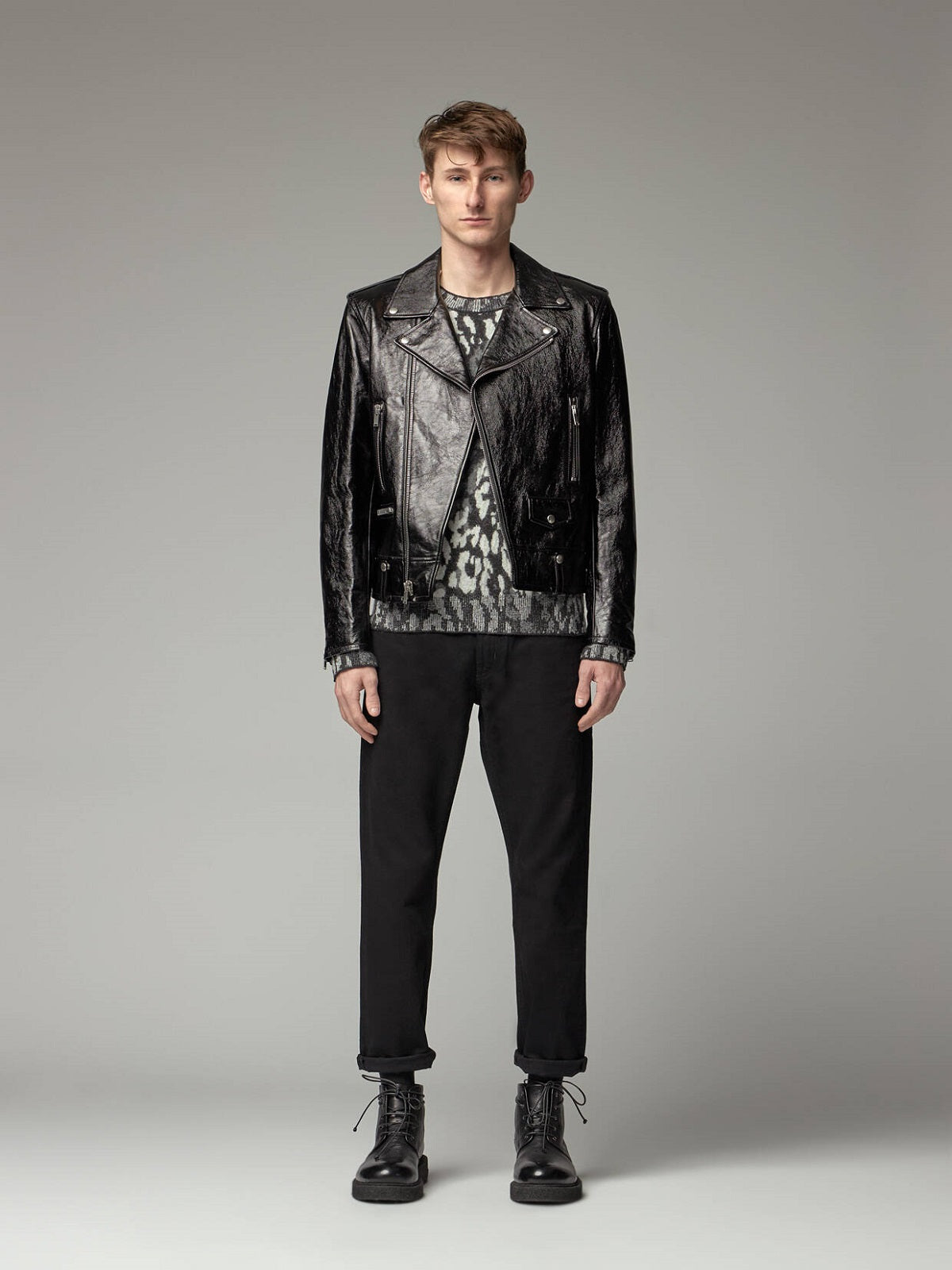 men's black leather biker jacket lorcan back view