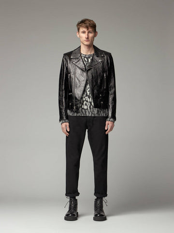 men's black leather biker jacket lorcan back view