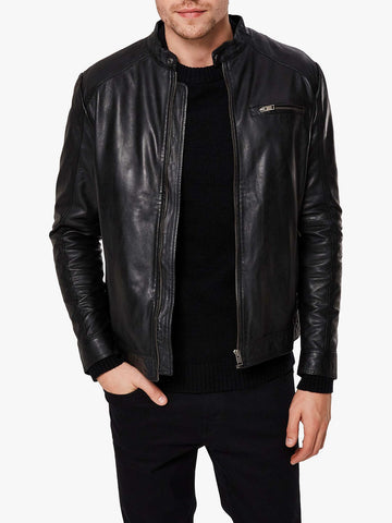 men’s black cowhide leather jacket front view