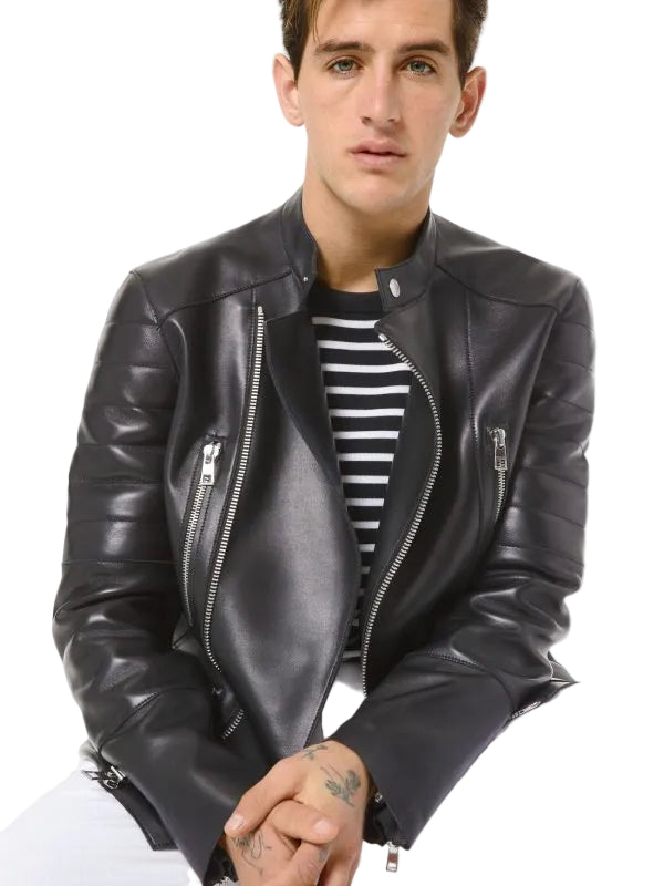 • black leather jacket snap tab collar mens front view
