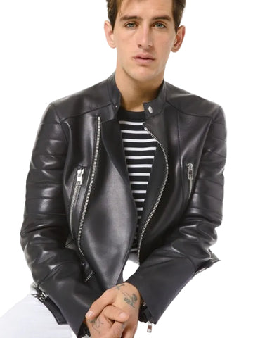 • black leather jacket snap tab collar mens front view
