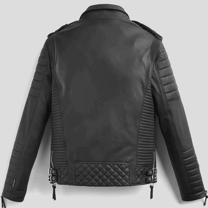 Men's Black Quilted Biker Leather Jacket With Zippers - AMSEL LEATHERS