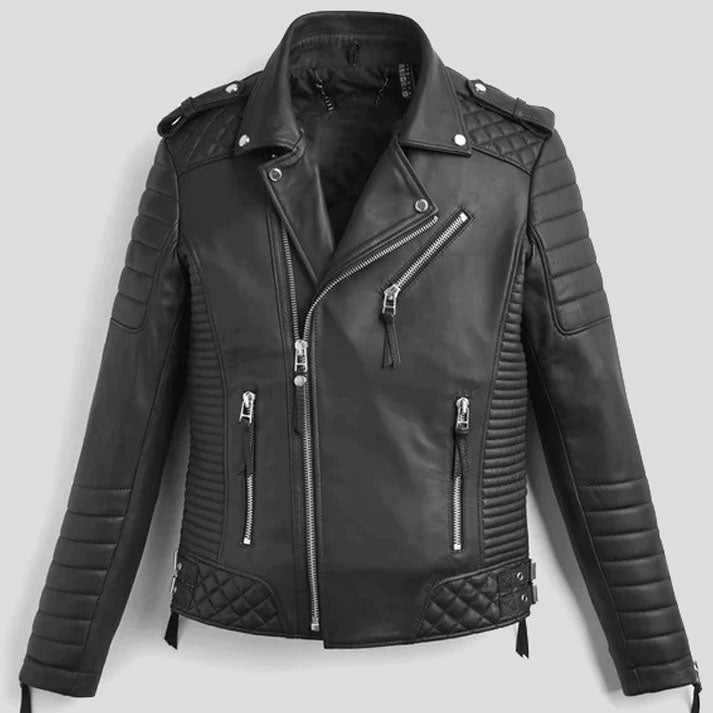 Men's Black Quilted Biker Leather Jacket With Zippers - AMSEL LEATHERS