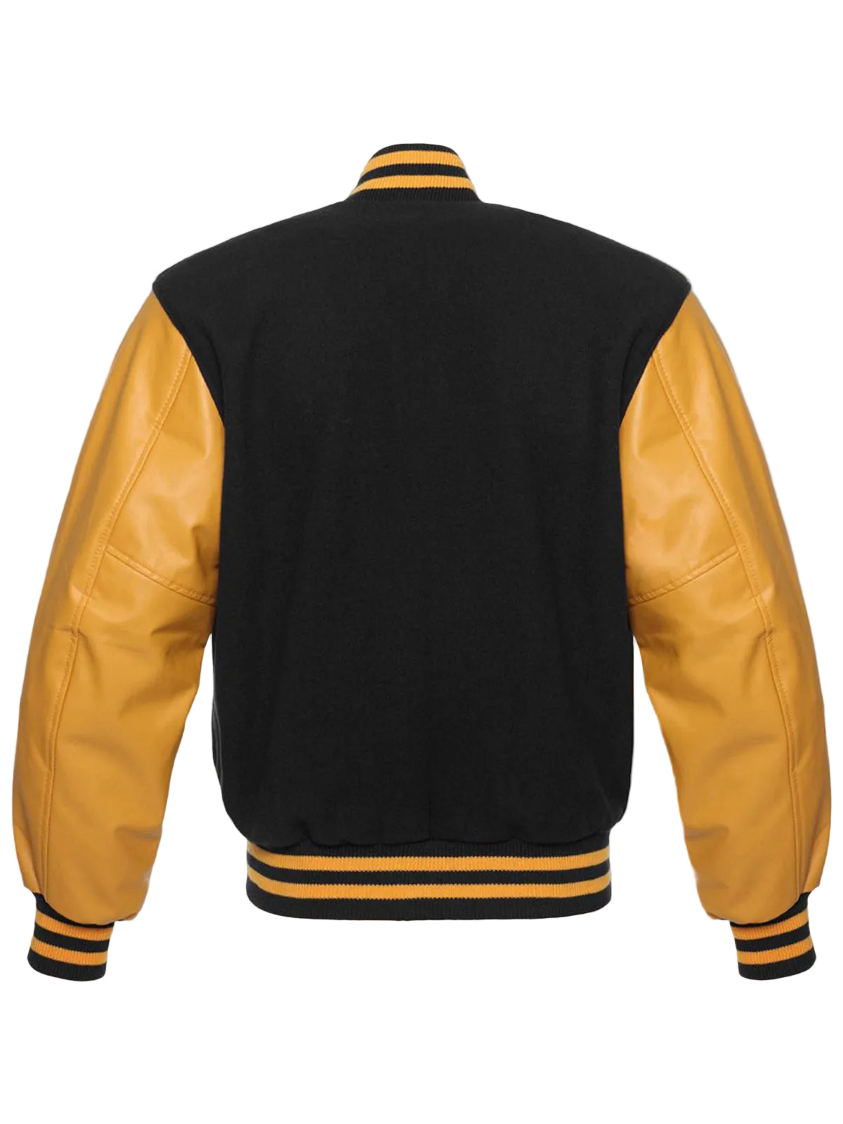 • mens black gold letterman jacket rib collar detail
