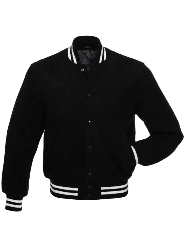 • mens black letterman jacket rib collar detail

