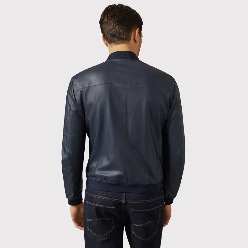 Men's Blue Varsity Bomber Leather Jacket Amsel Leathers