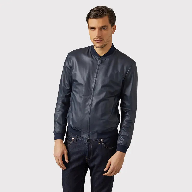 Men's Blue Varsity Bomber Leather Jacket Amsel Leathers