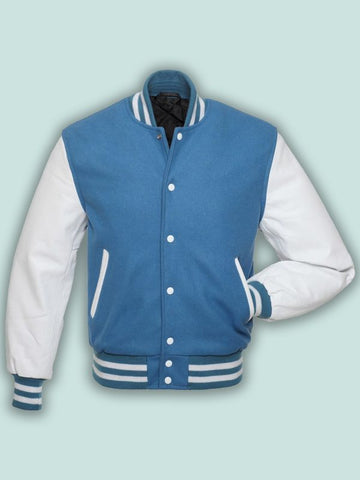 men’s blue cowhide leather varsity jacket front view