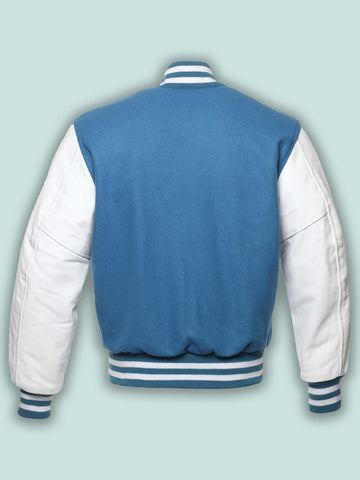 men’s blue cowhide leather varsity jacket side angle