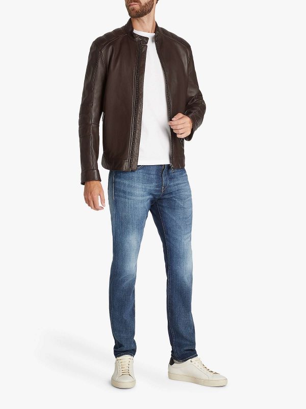 • brown leather biker jacket mens snap tab front view
