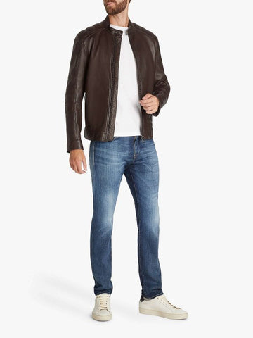 • brown leather biker jacket mens snap tab front view
